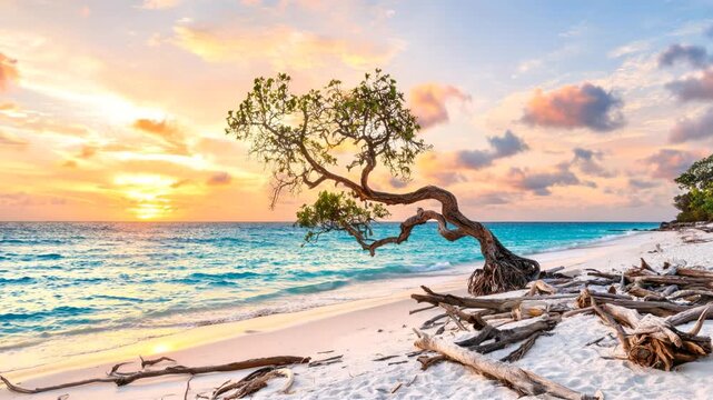golden sunset over bent tree and driftwood on jamaican white sand beach
