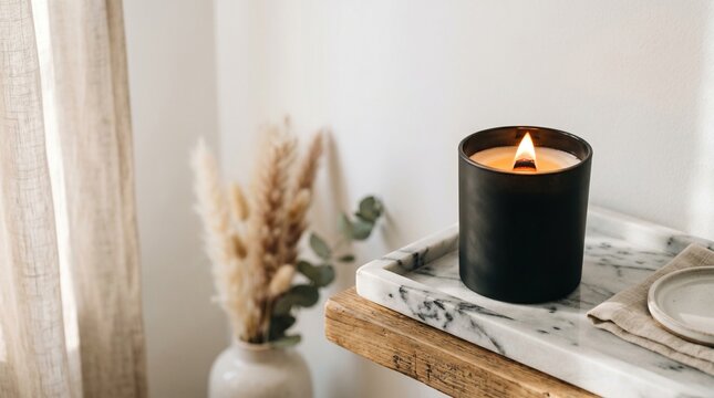 Luxury scented candle in frosted black glass jar with burning wooden wick on marble tray arranged on the right side with clean out of focus soft white wall empty copy space on the left for text