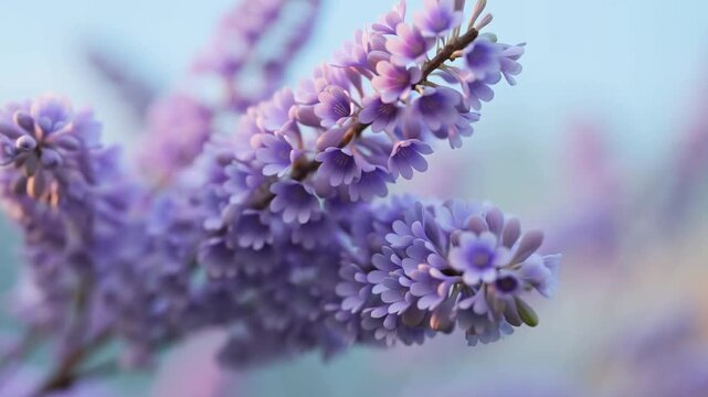 Slow motion tracking shot of lavender sprig buds swaying into focus over pastel garden background with soft bokeh light morning