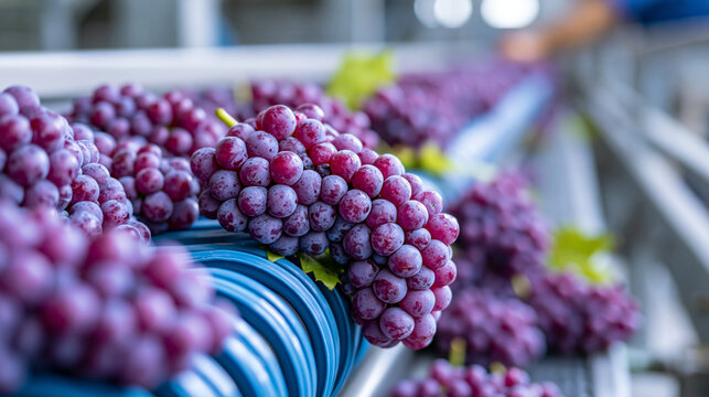 Fresh purple grape clusters falling from a harvesting chute onto a spiral conveyor system in a modern winery, automated wine production concept, defocused , with copy space
