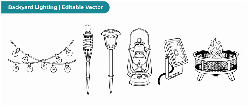 Backyard lighting vector icon set featuring string lights lantern solar lamp floodlight tiki torch and fire pit line art icons for outdoor garden landscaping design patio decorations and upgrade plans