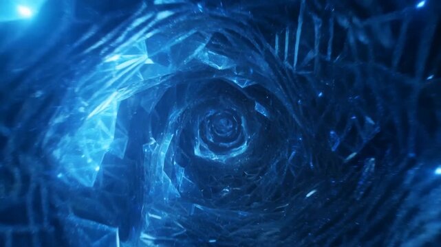 Tracking shot moving forward through crystalline spiral tunnel with glowing blue vortex and swirling light particles inside abstract digital space