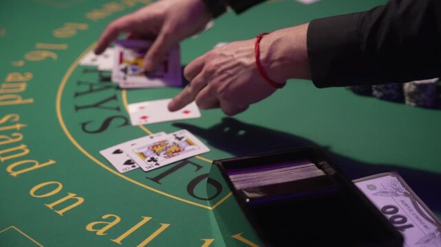 Green Table With Professional Card Shuffle. Quiet Casino Setting With Stacked Chips And Faceup Kings
