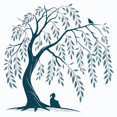 Silhouette of a person sitting under a large tree with a bird perched on a branch © Koli