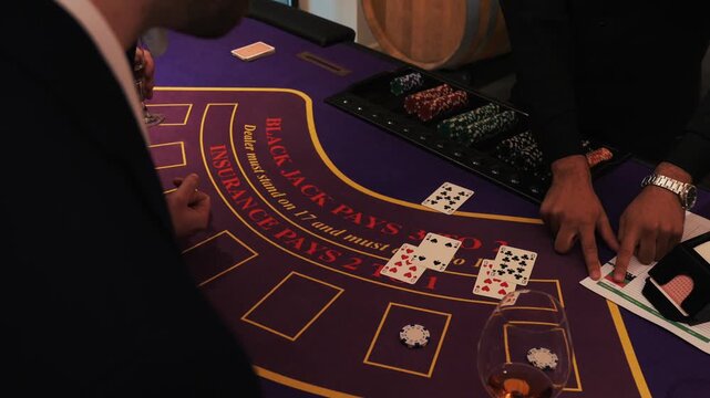 Blackjack Game Scene. Dynamic Scene Of Blackjack Gameplay. Focused Dealer And Eager Players