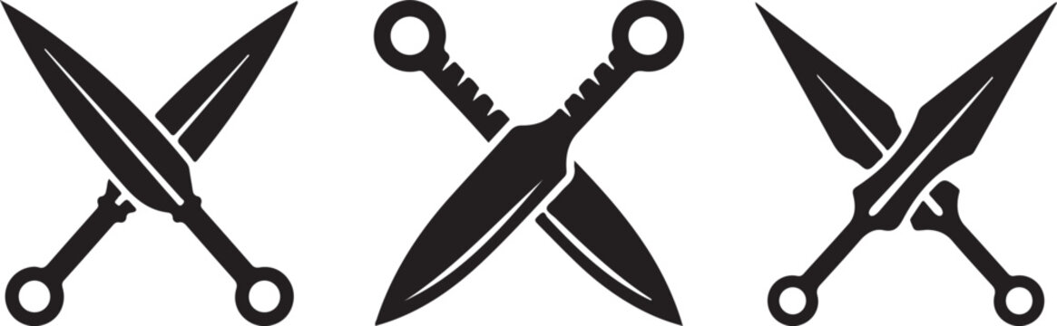 Crossed kunai knives vector. Ninja weapon icons. Japanese martial arts equipment. Dagger silhouette collection. Throwing knife set. Shinobi gear. Flat black warrior icons. Samurai blade emblem. Stealt