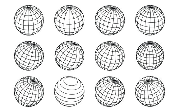 Globes With Grid Lines Black And White Vector Illustration