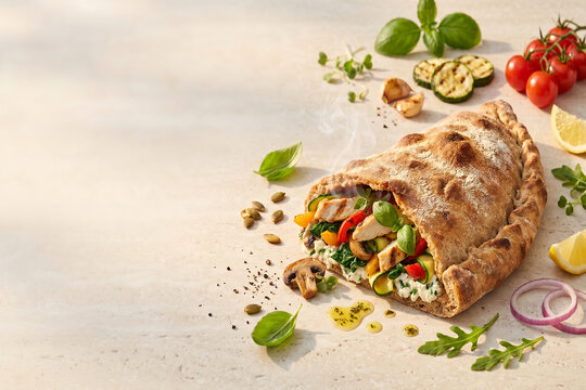 Baked calzone pizza filled with chicken and mushrooms, zucchini, spinach, and cheese on the table