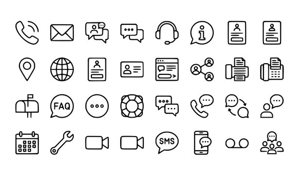 Customer support and contact us line icons set with phone chat email headset and support symbol illustration
