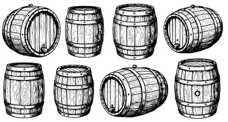 Vintage wooden barrels set for wine whiskey beer storage hand drawn engraving sketch style vector illustration © Mohammad