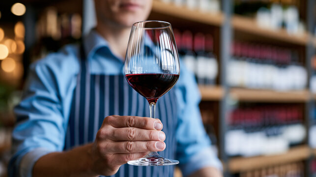 Anonymous bartender standing near shelves of wine bottles holding a glass up to examine its color and aroma, professional wine tasting and sommelier concept, faceless, defocused ,
