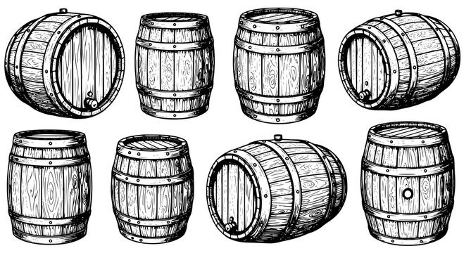Vintage wooden barrels set for wine whiskey beer storage hand drawn engraving sketch style vector illustration