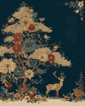 Traditional corporate holiday card design with Christmas tree, reindeer, birds, floral frames, and space for text