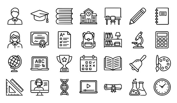 Education and school line icons set with graduation hat book pencil microscope student certificate outline vector illustration