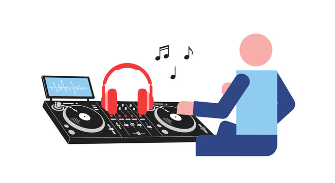 DJ mixing music on turntables with headphones and waveform display