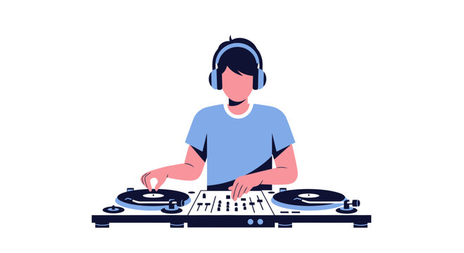 DJ mixing music on turntables with headphones, modern flat illustration