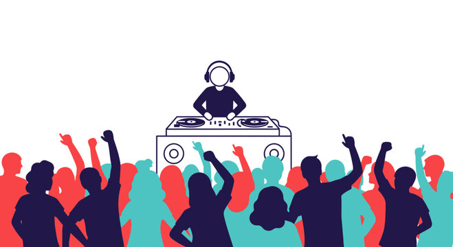 DJ playing music for dancing crowd at party, silhouette people celebrating