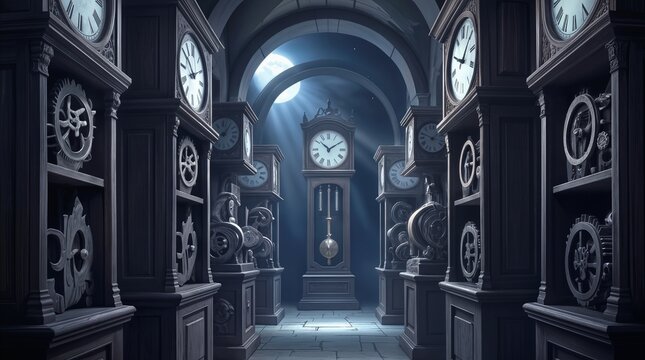 Grandfather clocks and mechanical gears lining stone corridor in mysterious workshop. Surreal clockmaker studio with moonlight shining through arched windows.