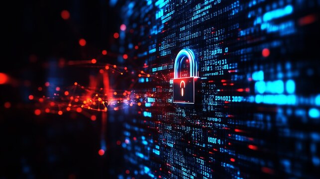 A digital illustration of a padlock on a background of computer code and data streams