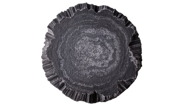 Rough dark grey geode slice with crystalline texture, isolated on transparent background