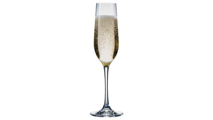 Tall champagne flute filled with bubbly golden champagne, isolated on transparent background © Lukas