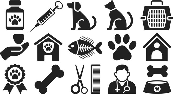 Set of veterinary and pet care icons representing services and supplies for animal wellness