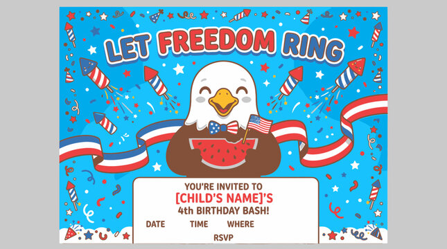 Patriotic Fourth of July birthday invitation vector with cute bald eagle. Let Freedom Ring 4th birthday bash card with fireworks and watermelon. Red white and blue American holiday party.