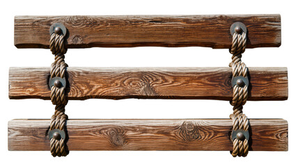 Rustic wooden planks connected by thick rope and metal fasteners, isolated on transparent background © Lukas