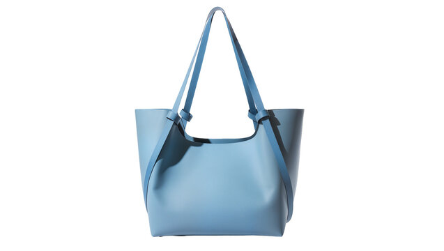 Light blue leather tote bag with knotted straps, isolated on transparent background