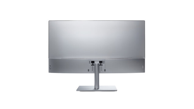 Modern silver computer monitor with stand, isolated on transparent background