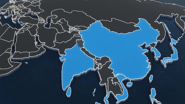A bright blue map of Asia showing country borders with white outlines, symbolizing geography, unity, and modern cartographic design emphasizing regional connectivity and clarity.