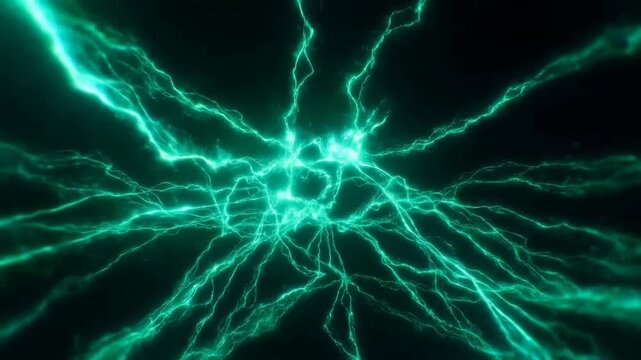 Zoom in radial motion of green electric arcs and plasma strands spreading and converging over dark abstract background in digital void scene