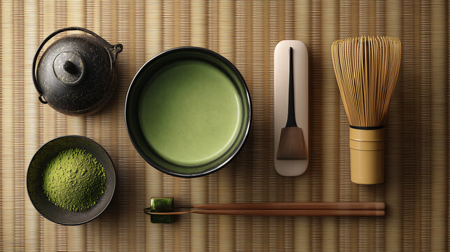 Neatly arranged Japanese matcha tea ceremony set on a tatami mat with whisked green tea, bamboo whisk, scoop and iron pot in calm daylight