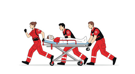 Obraz premium Three dedicated paramedics in vibrant red uniforms swiftly transport an injured patient on a sterile metal gurney across a pristine white background.