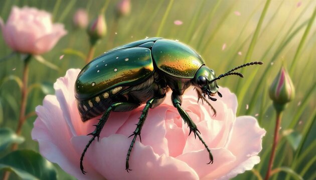 The Emerald Guardian of Pink Petals: Harmony of Contrasts