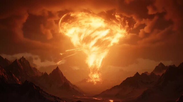 Aerial tracking shot of volcanic fire vortex erupting over remote mountain valley at dusk with glowing lava flows and smoky clouds