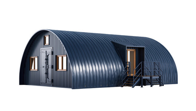 Isolated contemporary quonset hut building with corrugated metal, wooden windows and stairs