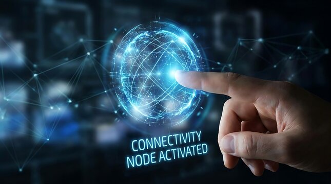 AI Generated Hand activates digital connectivity node on futuristic network globe with blue lines