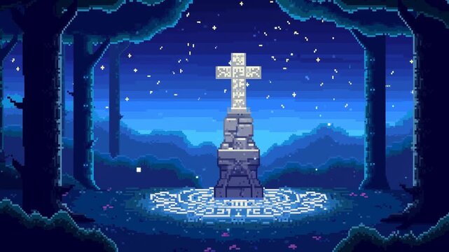 Static shot of stone cross monument glowing on rune circle in forest clearing with starry sky and distant mountains at night