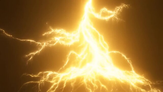 Slow motion vertical tracking shot of electric lightning bolt branching and striking into energy field on dark abstract background