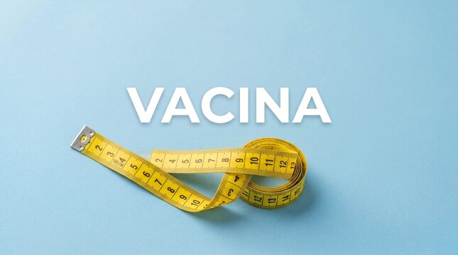 White text reading Vacina meaning vaccine in Portuguese placed over a light blue background with a coiled yellow measuring tape, symbolizing public health metrics and immunization