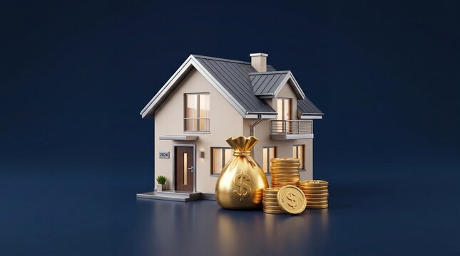 Modern house with money bag and stacked gold coins, 3D financial real estate concept