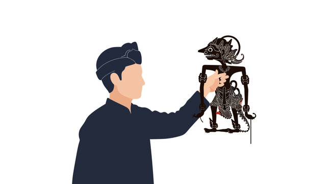 Indonesian puppeteer holding traditional wayang kulit shadow puppet against white background