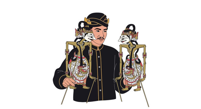 Indonesian puppeteer with wayang kulit shadow puppets, traditional performance