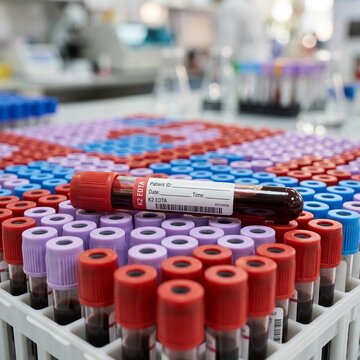 Close-up of a K2 EDTA blood sample test tube lying on a rack of medical vials in a clinical laboratory, showing patient identification labels and dark red blood for analysis