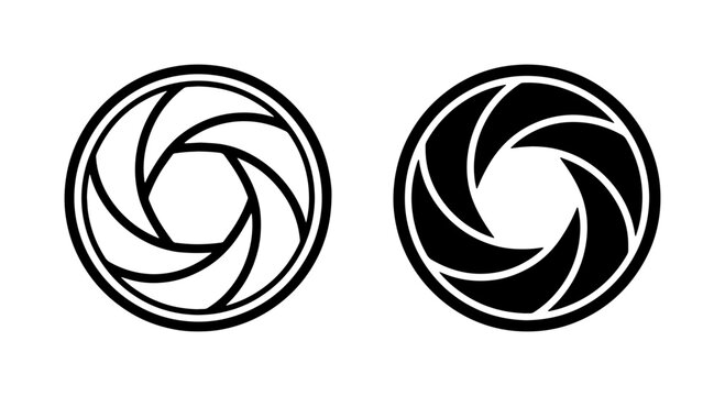Camera Aperture Icons, Photography Lens Diaphragm Symbols, Open and Closed Shutter Blades, Vector Graphics