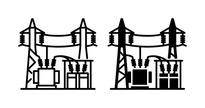 Electrical Substation Vector Icons: Power Grid Infrastructure, Energy Transmission Systems, High Voltage Equipment, Industrial Technology