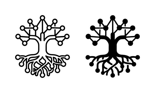 Digital Tree of Life Icons, Technology Growth Symbol, Network Connection Concept, Binary Code Roots