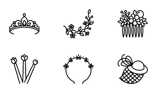 Elegant Bridal Hair Accessories Vector Icons: Tiara, Comb, Floral Wreath, Hairpins, Headband, Fascinator Set