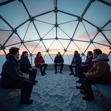 A cozy group gathering inside a geodesic dome in the snow at sunset.